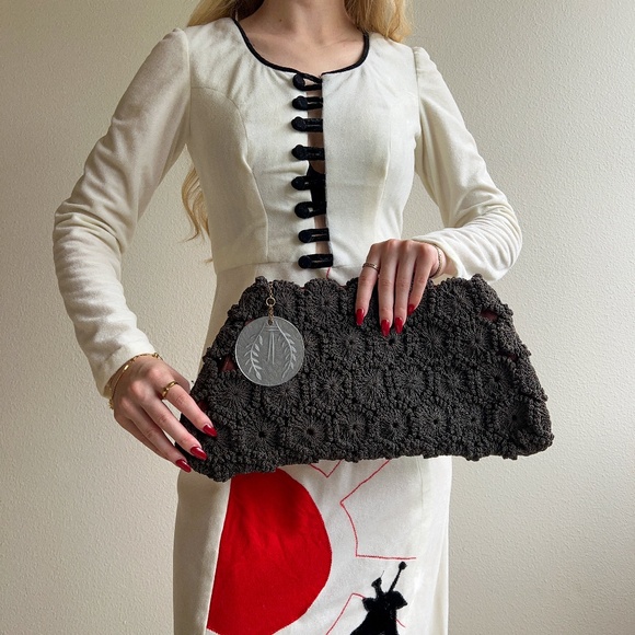 Vintage 1930s Black Crochet Clutch With Lucite Charm